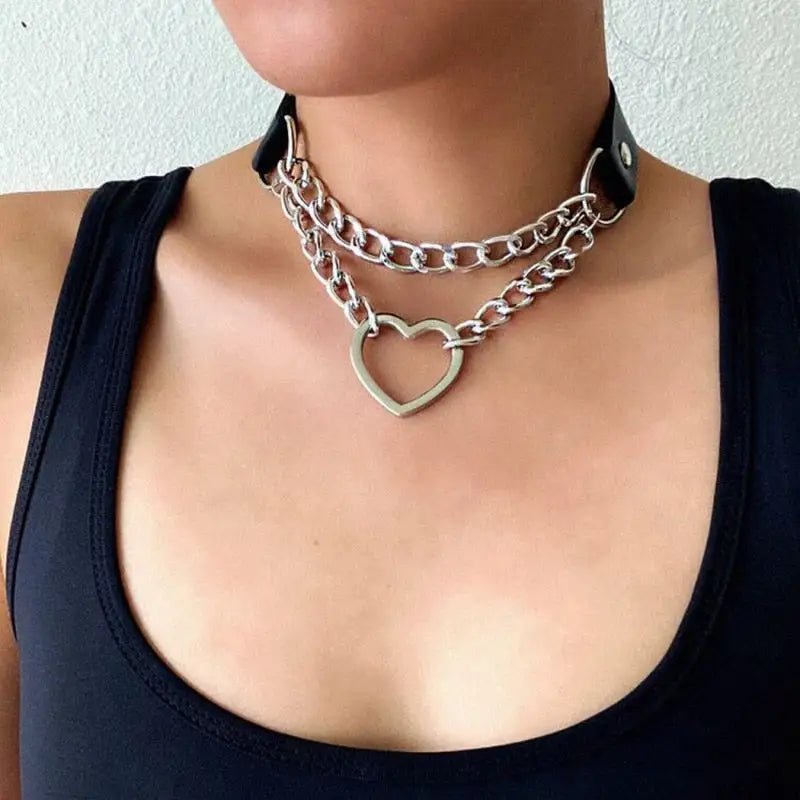 Thick Vegan Leather Chained Heart Choker Necklace - Cosparty