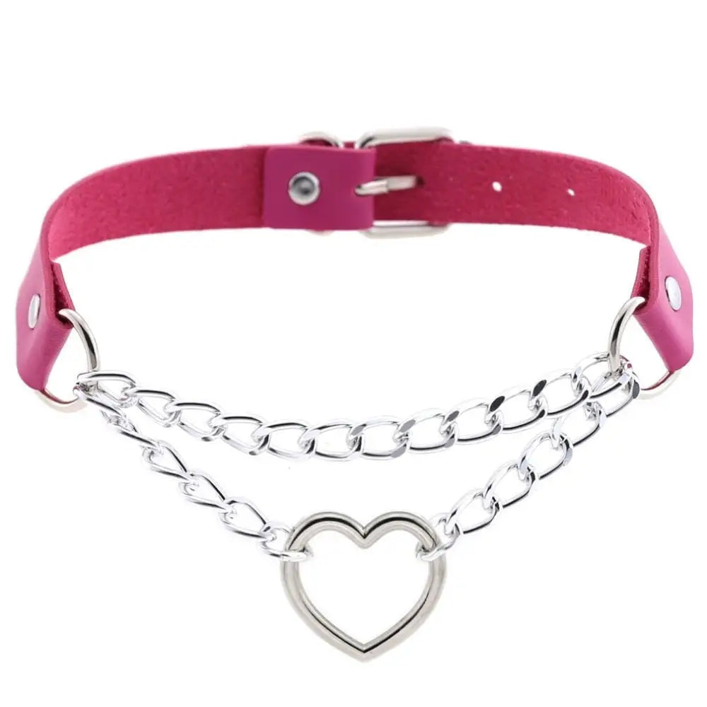 Thick Vegan Leather Chained Heart Choker Necklace - necklace