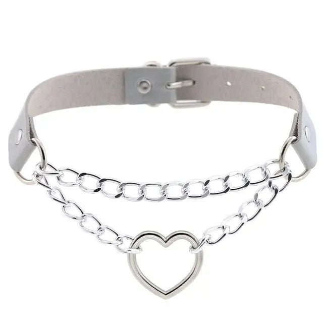 Thick Vegan Leather Chained Heart Choker Necklace - Cosparty