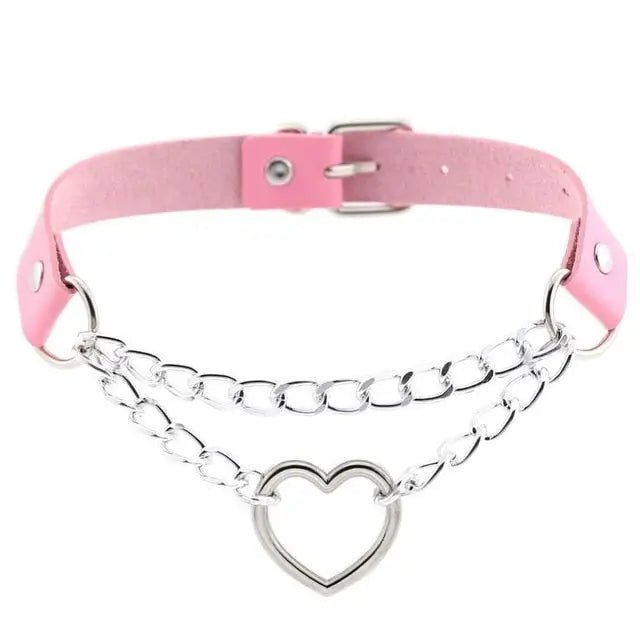 Thick Vegan Leather Chained Heart Choker Necklace - Cosparty