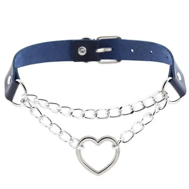 Thick Vegan Leather Chained Heart Choker Necklace - Cosparty