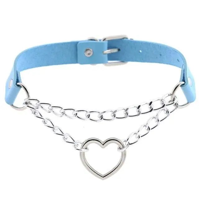 Thick Vegan Leather Chained Heart Choker Necklace - Cosparty