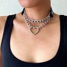 Thick Vegan Leather Chained Heart Choker Necklace - necklace