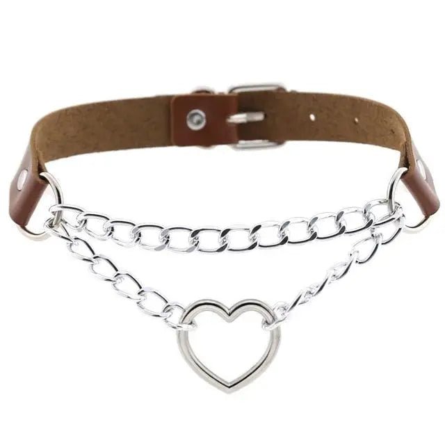 Thick Vegan Leather Chained Heart Choker Necklace - Cosparty