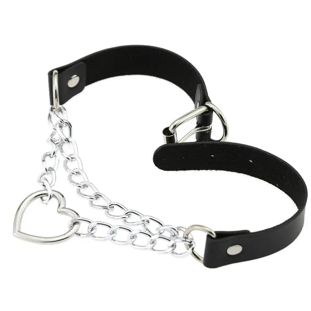 Thick Vegan Leather Chained Heart Choker Necklace - Cosparty