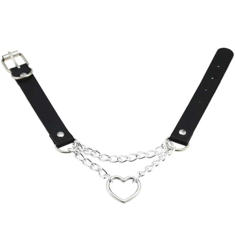 Thick Vegan Leather Chained Heart Choker Necklace - necklace