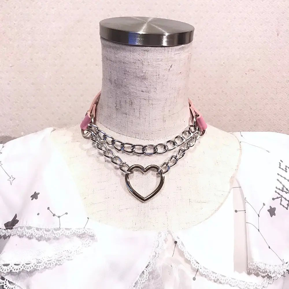 Thick Vegan Leather Chained Heart Choker Necklace - Cosparty