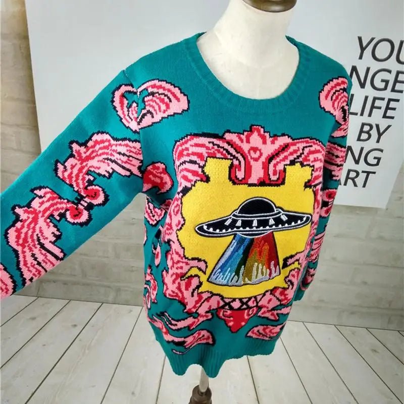 UFO Spaceship Inspired Knitted Crewneck Sweatshirt - Cosparty