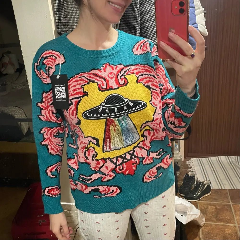 UFO Spaceship Inspired Knitted Crewneck Sweatshirt - Cosparty