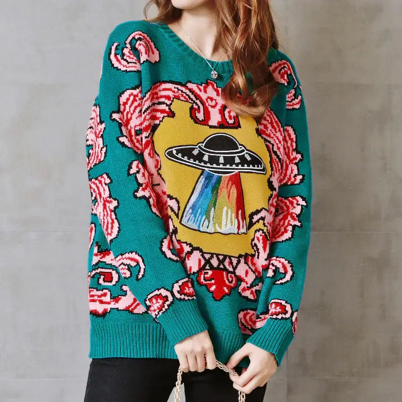 UFO Spaceship Inspired Knitted Crewneck Sweatshirt - S - Sweater