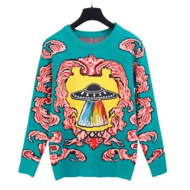 UFO Spaceship Inspired Knitted Crewneck Sweatshirt - Cosparty