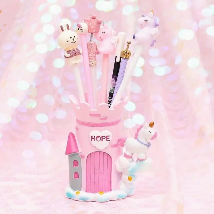 Unicorn Castle Pen Holder in Light Blue or Pink - Cosparty