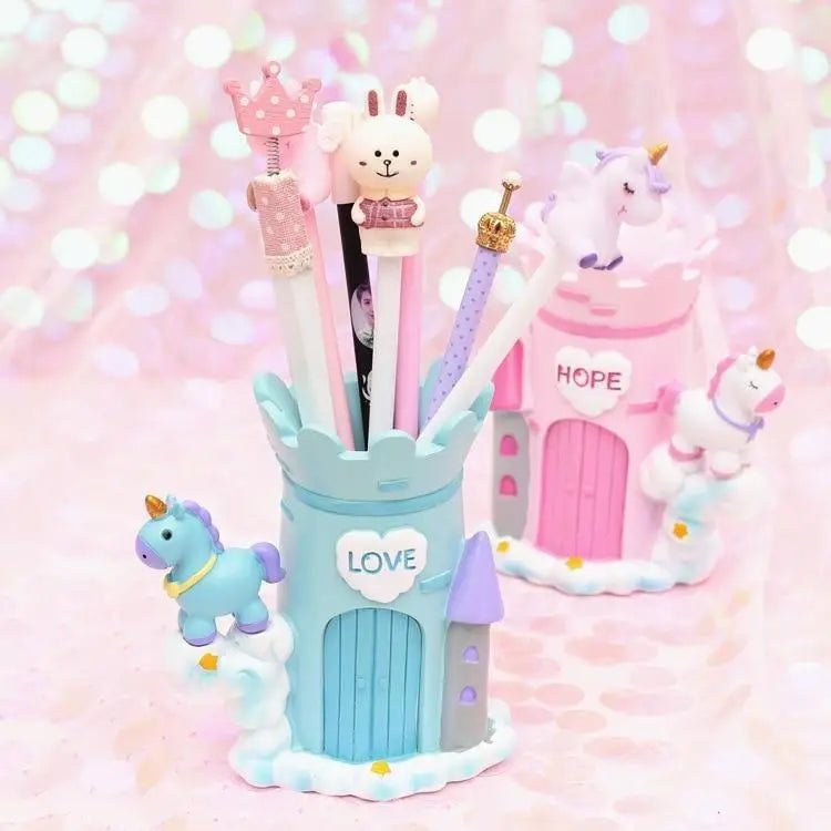 Unicorn Castle Pen Holder in Light Blue or Pink - Cosparty