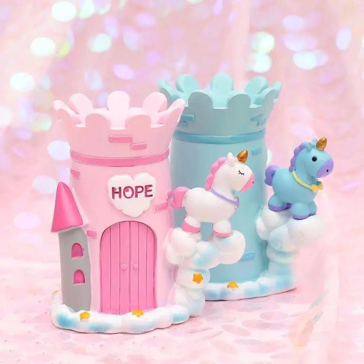 Unicorn Castle Pen Holder in Light Blue or Pink - Cosparty