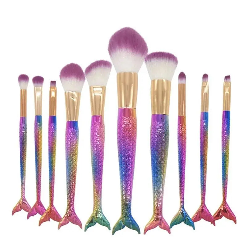 Unicorn Inspired Mermaid Fin Makeup Brushes - Rainbow 10PCS - beauty