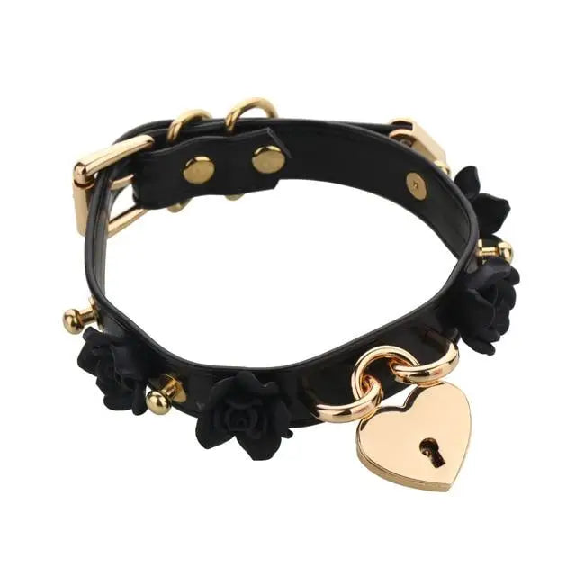 Black Kawaii Flower Floral Heart Gold Locket Choker Collar Lock n Key Petplay Kink