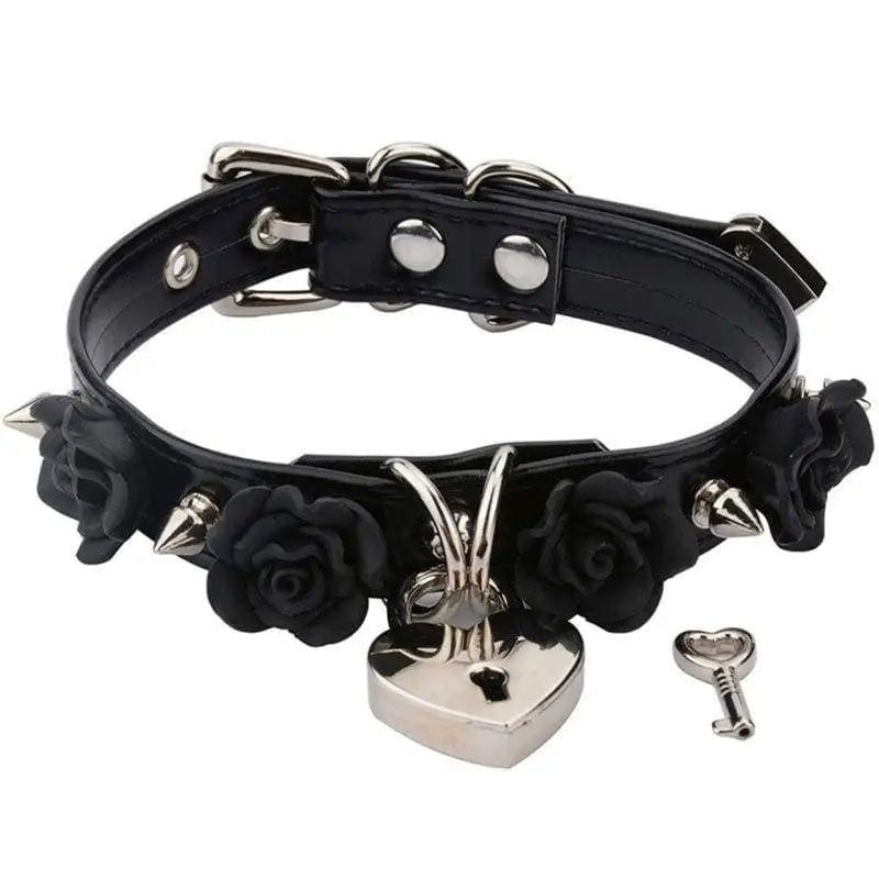 Vegan Leather Choker with Rose Petals and Metal Spikes - Cosparty