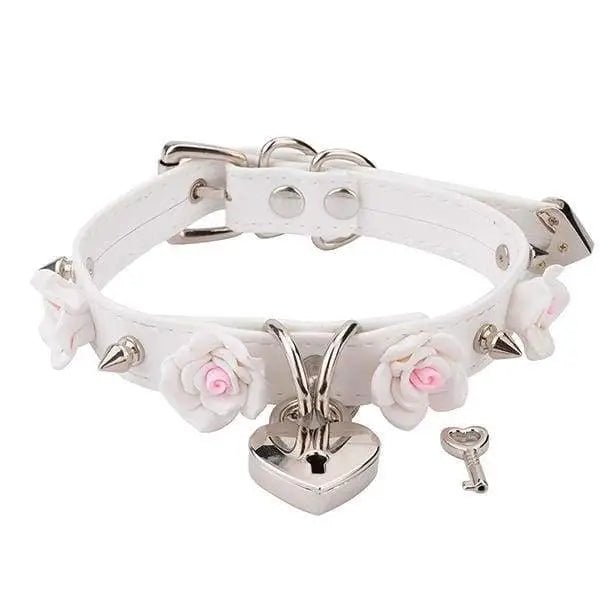 Vegan Leather Choker with Rose Petals and Metal Spikes - Cosparty