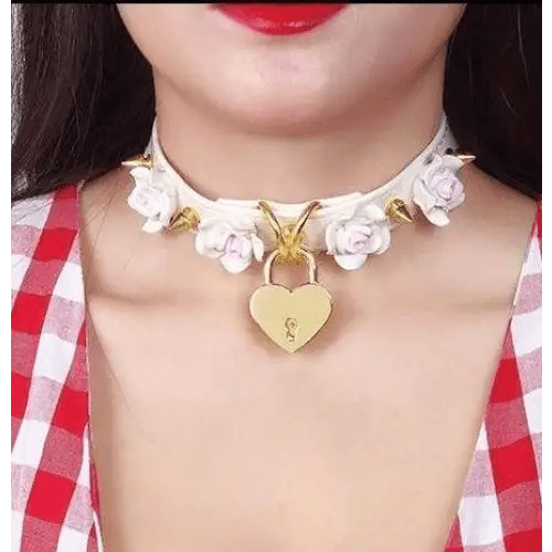 Vegan Leather Choker with Rose Petals and Metal Spikes - Cosparty