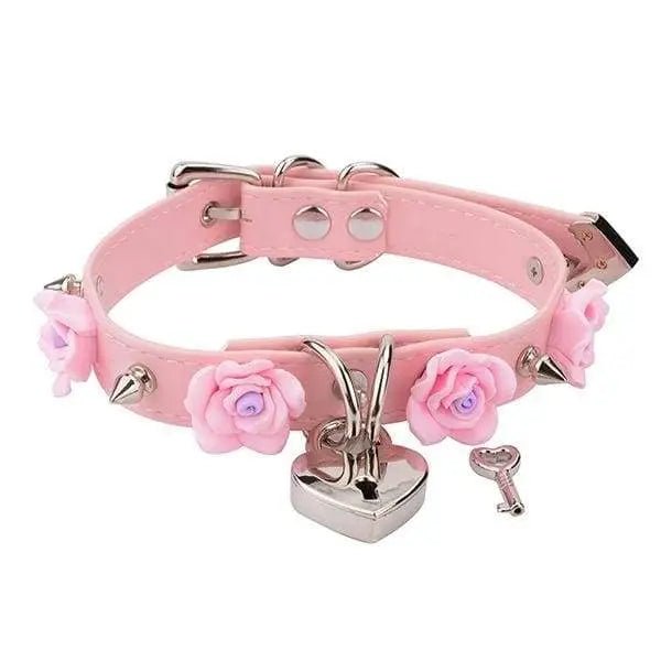 Vegan Leather Choker with Rose Petals and Metal Spikes - Cosparty