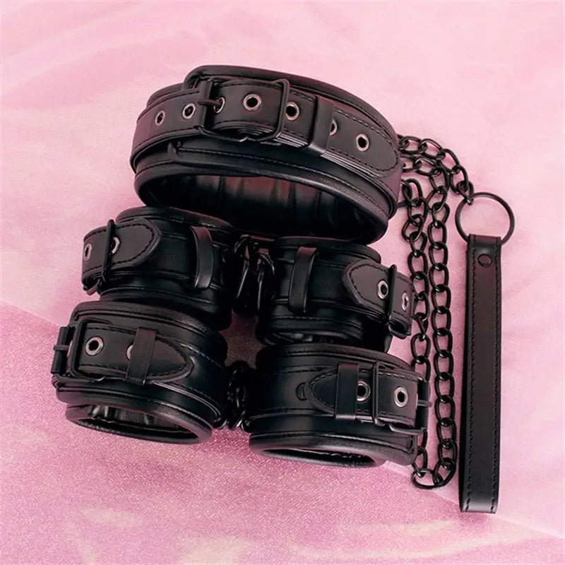 Vegan Leather Handcuffs and Leash Set for Dominant Submissive Play - play set