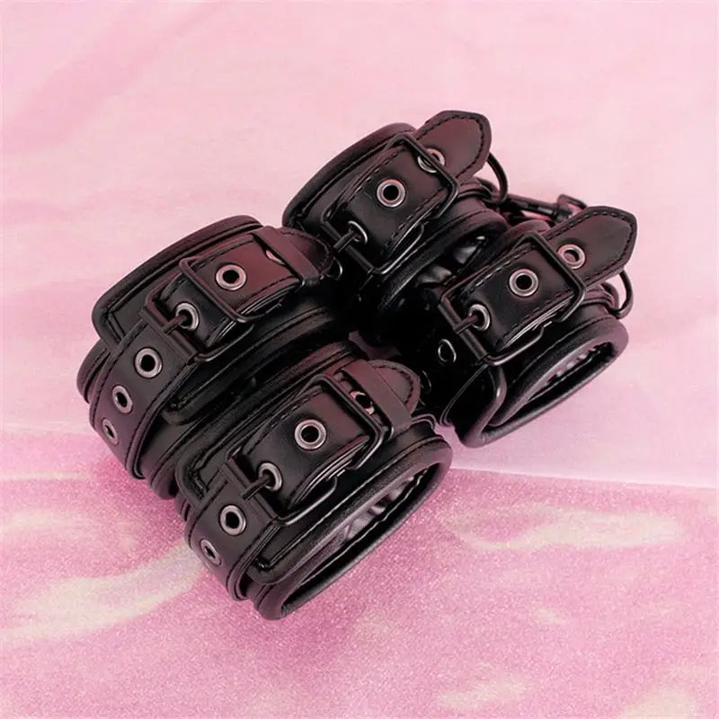 Vegan Leather Handcuffs and Leash Set for Dominant Submissive Play - play set