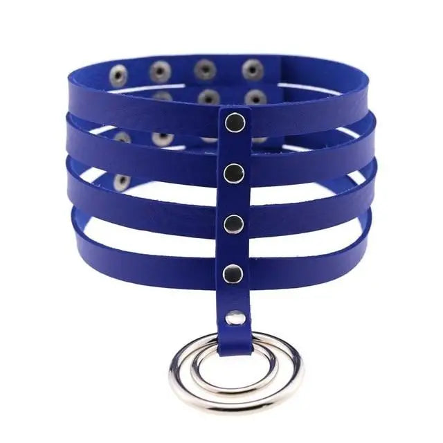 Vegan Leather High Elongated Collar with Built-in O-Ring Hook - Blue - collar