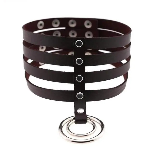 Vegan Leather High Elongated Collar with Built-in O-Ring Hook - Coffee - collar