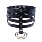 Vegan Leather High Elongated Collar with Built-in O-Ring Hook - Dark Blue - collar