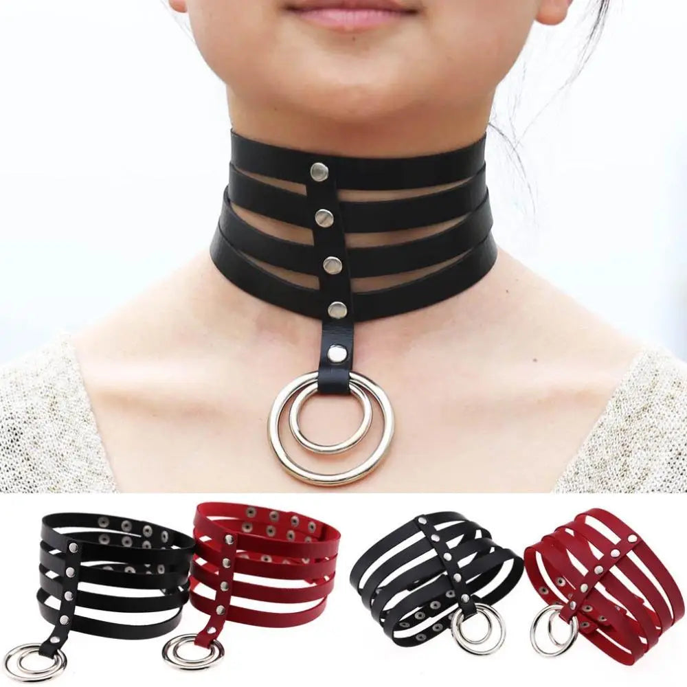 Vegan Leather High Elongated Collar with Built-in O-Ring Hook - collar