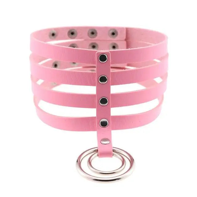 Vegan Leather High Elongated Collar with Built-in O-Ring Hook - Pink - collar