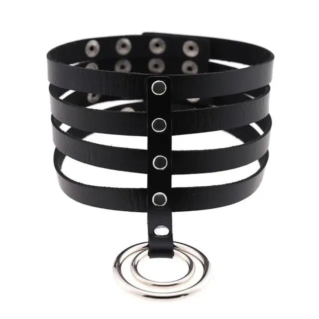 Vegan Leather High Elongated Collar with Built-in O-Ring Hook - Black - collar