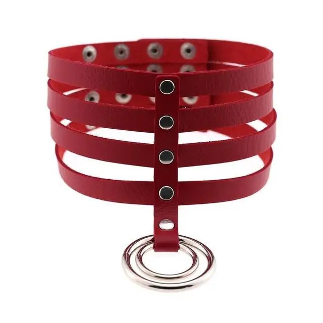 Vegan Leather High Elongated Collar with Built-in O-Ring Hook - Red - collar