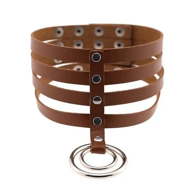 Vegan Leather High Elongated Collar with Built-in O-Ring Hook - Brown - collar