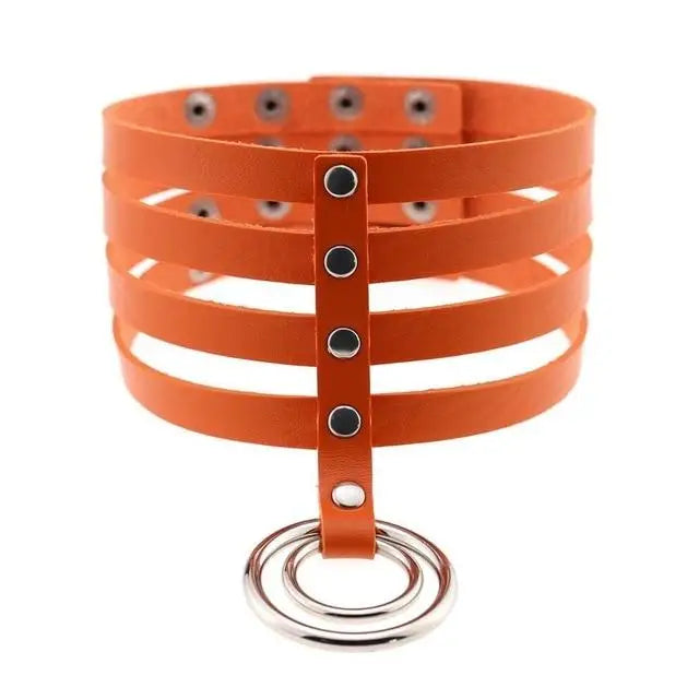 Vegan Leather High Elongated Collar with Built-in O-Ring Hook - Orange - collar