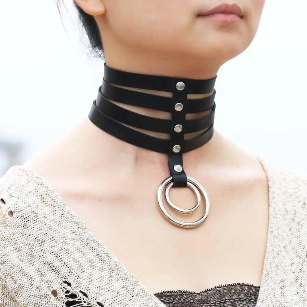 Vegan Leather High Elongated Collar with Built-in O-Ring Hook - collar