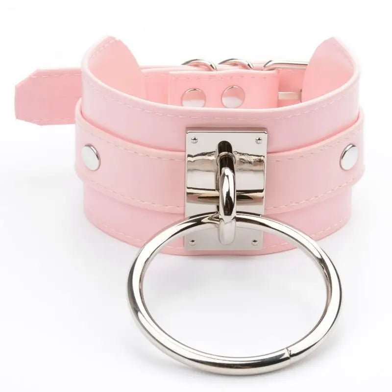 Vegan Leather O - Ring Choker Necklace with Adjustable Buckles - Cosparty