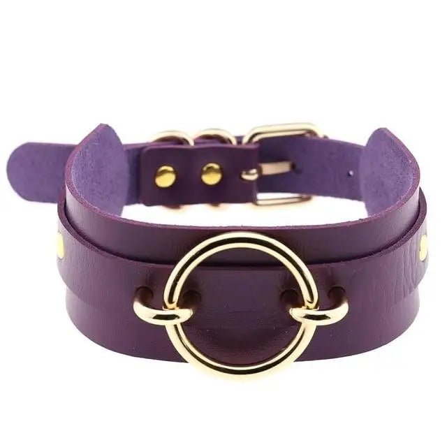 Vegan Leather O - Ring Choker Necklace with Gold Plated Hardware - Cosparty