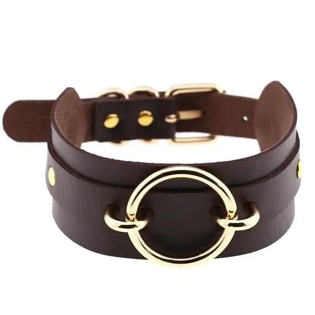 Vegan Leather O - Ring Choker Necklace with Gold Plated Hardware - Cosparty