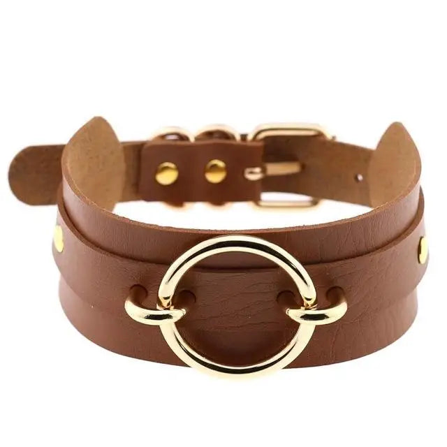 Vegan Leather O Ring Gold Collar Choker Necklace Petplay BDSM Kink Fetish Gear