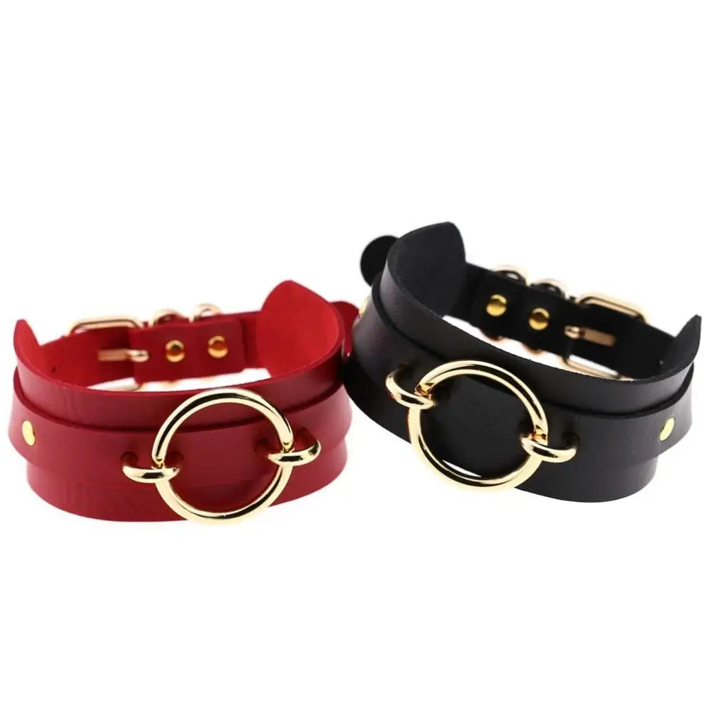 Vegan Leather O-Ring Choker Necklace with Gold Plated Hardware - collar