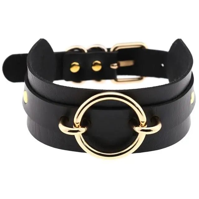 Vegan Leather O - Ring Choker Necklace with Gold Plated Hardware - Cosparty