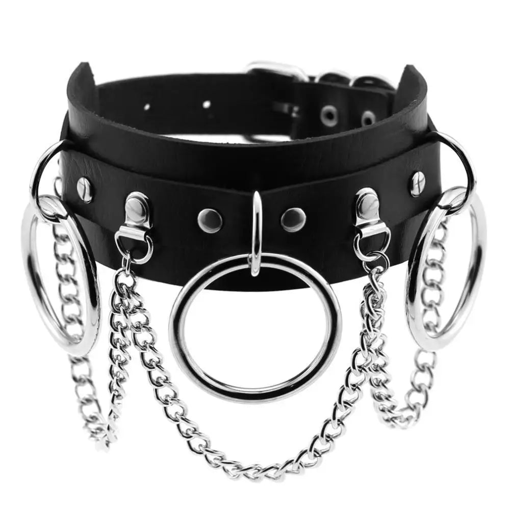 O-Ring Collar Choker Black Vegan Leather Metal Punk Rock Fetish BDSM Bondage Leash