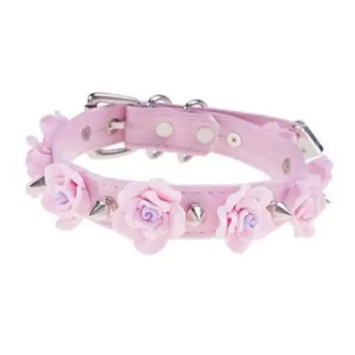 Pink Silver Spiked Flower Collar Choker Fetish Petplay Bondage BDSM Kink Vegan Leather