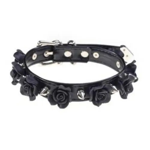 Black Silver Spiked Flower Collar Choker Fetish Petplay Bondage BDSM Kink Vegan Leather