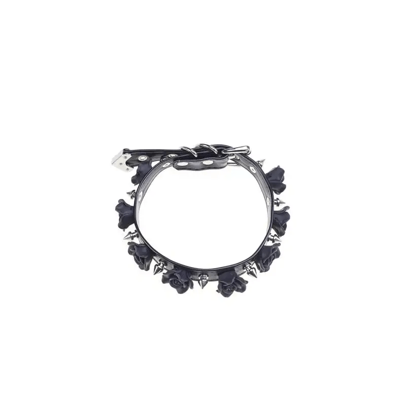 Vegan Leather Spiky Floral Choker Necklace in Silver or Gold - Cosparty