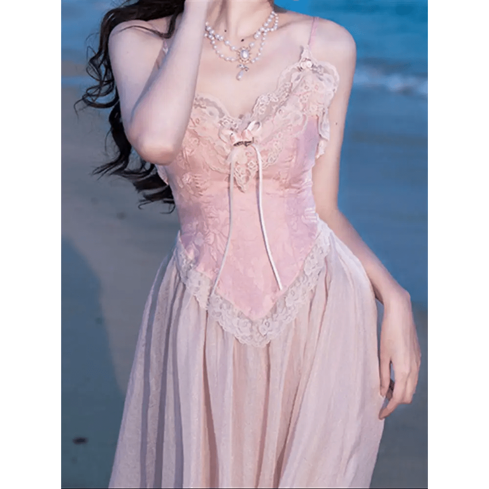 Velvet Baby Pink Tank Top with Lace and Rosebud Details - Cosparty