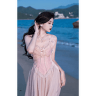 Velvet Baby Pink Tank Top with Lace and Rosebud Details - Cosparty