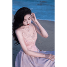 Velvet Baby Pink Tank Top with Lace and Rosebud Details - Cosparty