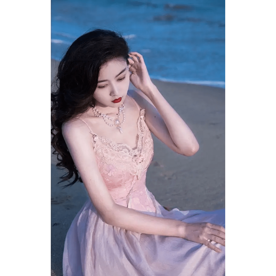 Velvet Baby Pink Tank Top with Lace and Rosebud Details - Cosparty